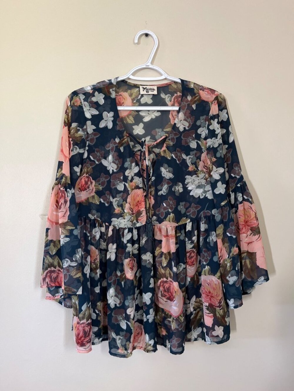 Show Me Your Mumu Womens Large 3/4 Bell Sleeves Poet Tie Top Floral Print V-Neck